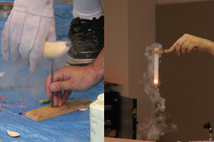 「極低温環境下ではおもしろい現象が見られる実験の様子左 : バナナで釘を打つ　右 : 液体酸素中で燃える炎」の画像