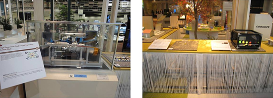 「写真左 : 「超耐熱合金タービンブレード」および「ガスタービン模型」 展示写真右 : 「サイアロン蛍光体」と「可視光応答型光触媒」 展示」の画像