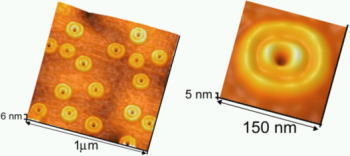 「図2 : 二重ナノリングの原子間力顕微鏡像。右図は左図の拡大図。非常にきれいな二重ナノリングの形成が観察される。」の画像