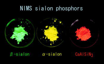 「図1　図はNIMSで開発した蛍光体粉末に365nmの紫外線を照射して撮影したもの。左が今回発表のβ - サイアロン緑色蛍光体。中央と右は既に発表したα - サイアロン黄色蛍光体とカズン赤色蛍光体である。全て青色LEDの光で効率よく発光する。」の画像