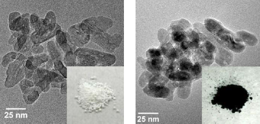 「プレス資料中の図 : 酸化チタンのナノ粒子の透過型電子顕微鏡像および写真 (左) 二酸化チタンのナノ粒子。可視光を吸収しないので白い。 (右) 合成した還元型酸化チタンのナノ粒子。可視光を吸収して黒い。」の画像