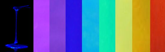 「プレス資料中の図3:青色発光するアントラセン液体 (1)  (左 : 写真) を素材に調整された365 nmの紫外光照射下におけるフルカラー発光パネル。」の画像