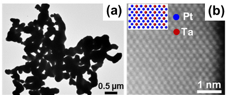 「プレスリリースの図2 : 　TaPt3ナノ粒子の透過電子顕微鏡像 (a・b) 。ナノ粒子の内部には、タンタル原子と白金原子が秩序正しく整列している。」の画像