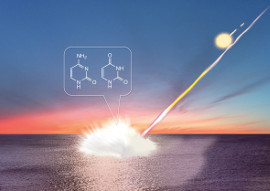 「プレスリリースの図1 :  隕石の海洋衝突による核酸塩基生成の模式図」の画像
