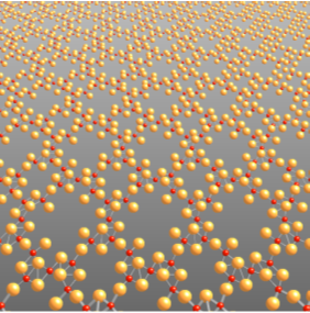 「プレスリリースの図3 :  ナノ構造制御された2次元TiO2原子シート(Ti: 赤, O: オレンジ)。格子状の模様が周期的に形成されている。」の画像