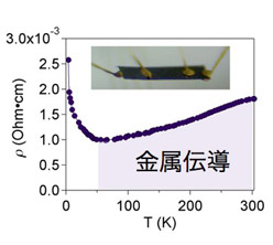 「図2 : TED自立膜の電気抵抗温度依存性         挿入図は金4端子が装着された自立膜」の画像