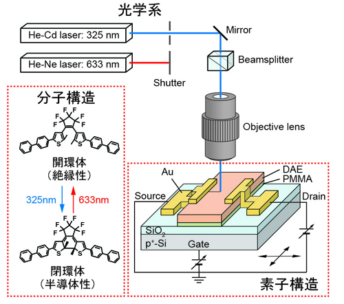「プレスリリースの図1: 分子構造・素子構造・光照射系の模式図。分子はジアリールエテン中心骨格の両側にビフェニル基が取り付けられており、開環体では絶縁体、閉環体では半導体の性質を示す。まず開環体 (絶縁体) の薄膜をSiO2/Si基板上に作製し、その両側にソース・ドレイン電極を取り付けた。Si基板がゲート電極、SiO2膜がゲート絶縁層としてはたらく。ここに紫外光 (波長325nm) を掃引して、閉環体 (半導体) に異性化したところだけ、トランジスタチャネルとして電流が流れる。再度、可視光 (波長633nm) を照射するとチャネルは消去できる。」の画像