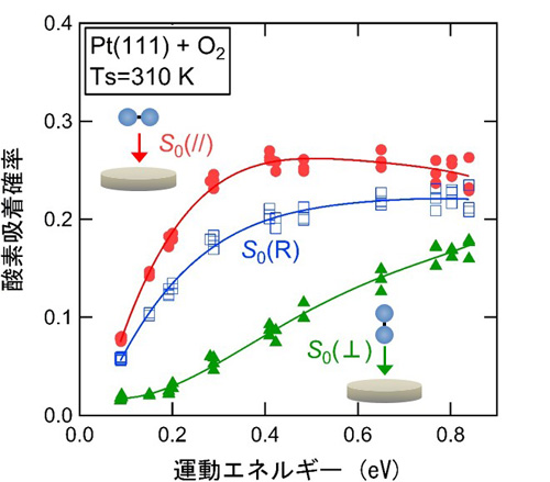 「プレスリリースの図1: Pt(111)表面への初期酸素吸着確率の分子配向依存性(赤 : 表面平行分子、緑 : 表面垂直分子、青 : ランダム配向分子)。」の画像