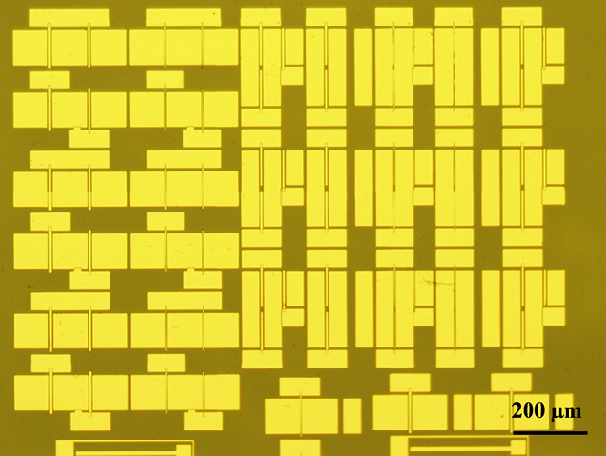 「プレスリリースの図1 : 作製されたダイヤモンド論理回路チップの顕微鏡写真」の画像
