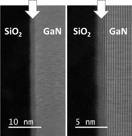 「プレスリリース中の図2 : PCVD法で自立GaN基板上に作製されたSiO2とGaNの界面の高分解能電子顕微鏡像.右側のGaN基板と左側SiO2 (図の黒い領域) の間の矢印の部分に、異なる周期で配列した非常に薄いGa2O3の層が観察されている。」の画像