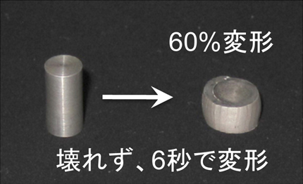 「プレスリリースの図1 : 室温で圧縮し、樽状に変形した開発材。試験速度は0.8mm/s。」の画像