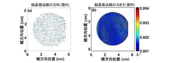 「プレスリリース中の図1:(a) GaN半導体の2インチウエハの結晶面のゆがみの方向。(b) そのゆがみの大きさを濃淡で表示。」の画像
