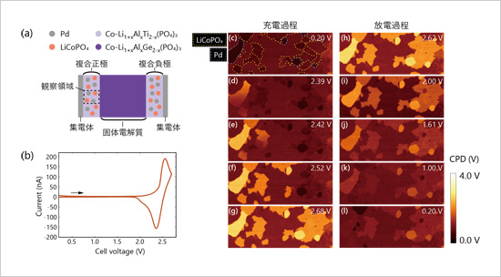 「プレスリリース中の図 : (a) 電池構造と観察領域、(b) 電位分布観察時のサイクリックボルタモグラム、(c-g) 充電過程および (h-l) 放電過程における複合正極の電位分布の変化」の画像