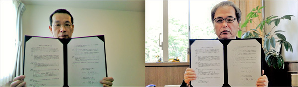 「リモートで開催した開所式の様子 : (左) MMC執行役常務　技術統括本部長　中村　伸一、 (右) NIMS理事長　橋本 和仁」の画像