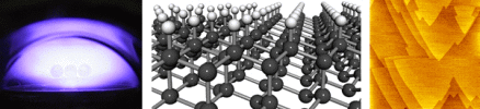 left: hydrogen plasma in which diamond is synthesized, center: hydrogen-terminated diamond surface, right: an atomic force microscopy image of atomically flat diamond surface