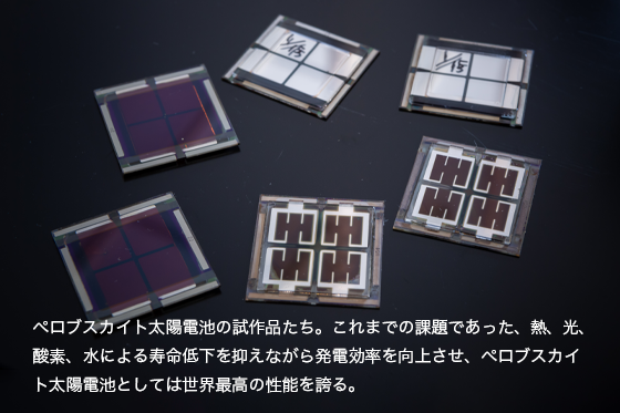 写真：ペロブスカイト太陽電池の試作品たち。これまでの課題であった、熱、光、酸素、水による寿命低下を抑えながら発電効率を向上させ、ペロブスカイト太陽電池としては世界最高の性能を誇る。