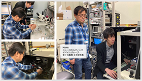 実験室で測定を行う西岡 ICYS リサーチフェローと、同研究グループの新ヶ谷主任研究員。