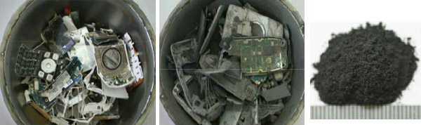 図4　破解機で事前に解体した携帯電話2台分の部材のボールミル使用前（左）・使用後（中）と、取り出した粉末状になった都市鉱石写真。画像