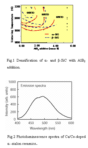 eLXg {bNX:   Fig.1 Densification of a- and b-SiC with AlB2 addition. 

  
Fig.2 Photoluminescence spectra of Ca/Ce-doped a -sialon ceramicsD
